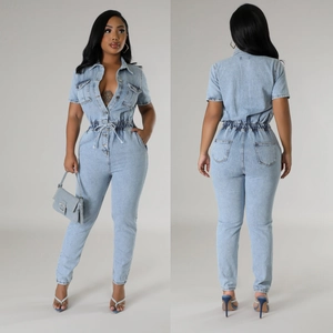 Detailed front and back view of light blue washed denim jumpsuit with elastic drawstring waist