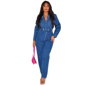 Deep blue long sleeve denim jumpsuit with lapel collar and waist button details