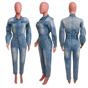 Front side and back views of a light blue washed denim jumpsuit with pockets
