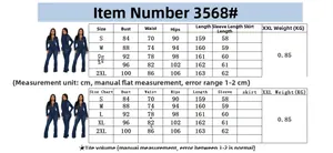 Detailed size chart for slim fit flared long sleeve denim jumpsuit with measurements