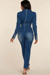 Slim fit denim jumpsuit featuring long sleeves and a full-length back metal zipper detail