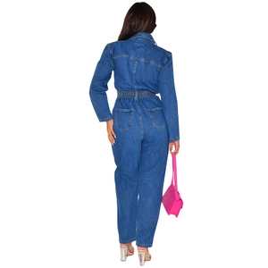 Sexy long sleeve denim jumpsuit for women featuring elastic waist and back pockets