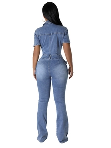 Women's slim fit washed denim jumpsuit with short sleeves and flared legs back view