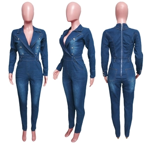 Deep blue denim jumpsuit with double-breasted buttons and back zipper detail