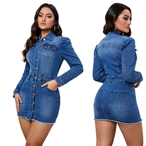 Women Long Sleeve Slim Fit Denim Mini Dress Single Breasted Turndown Collar Frayed Hem Dark Blue Washed Jean Dress