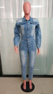 Front view of light blue washed denim jumpsuit with long sleeves and metal buttons
