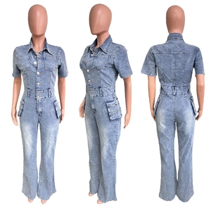 Three-way view of light blue denim jumpsuit with slim waist and flared leg details