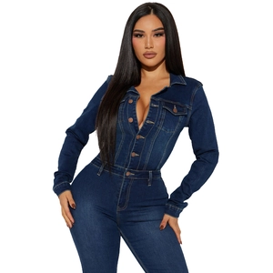 Close-up of slim-fit dark blue denim jumpsuit featuring front buttons and collar detail
