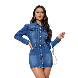 Slim fit dark blue denim mini dress with long sleeves, lapel collar, and button-up front