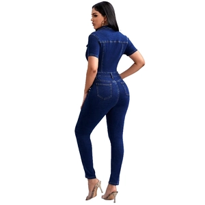 Slim fit dark blue denim jumpsuit featuring short sleeves and classic back pockets