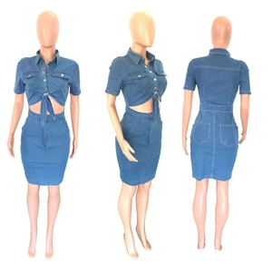 Three views of a dark blue denim two-piece set with a crop top and bodycon skirt