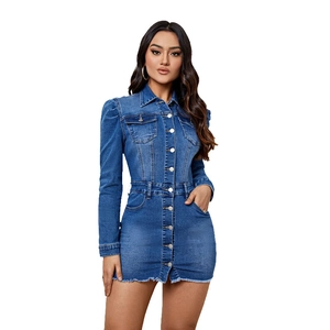 Detailed view of women's denim jacket with flap pockets and frayed hem design