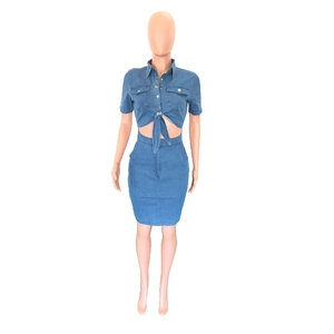 Detailed front view of women's denim two-piece set with crop shirt and bodycon skirt