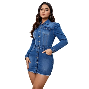 Slim fit long sleeve dark wash denim dress with lapel collar and frayed hem