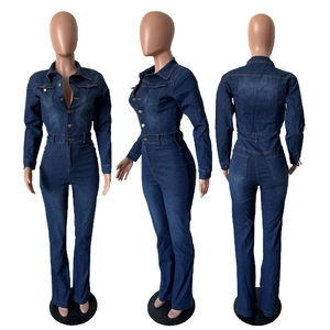 Detailed front, side and back views of a slim fit long sleeve denim jumpsuit in dark blue