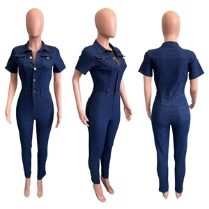 Detailed multi-angle view of slim-fit dark blue denim jumpsuit with metal buttons