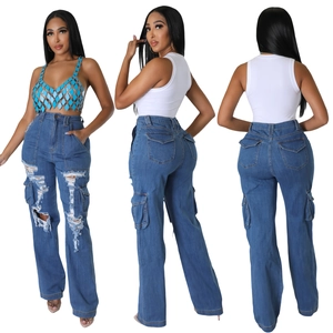 Women High Waist Wide Leg Cargo Jeans Ripped Distressed Multi Pockets Cotton Blend Denim Pants Streetwear Summer Casual Blue