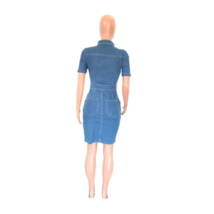 Detail view of denim mini dress back showing pocket placement and waist stitching