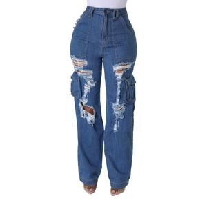 High waist ripped cargo jeans in dark blue with distressed details and side flap pockets