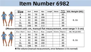 Detailed size chart for short sleeve denim romper with chest, waist, and hip measurements
