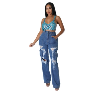 Women's summer high waist distressed wide leg jeans with side pockets in retro blue