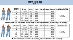 Size chart for women slim fit denim jumpsuit showing chest, waist, and hip measurements in cm