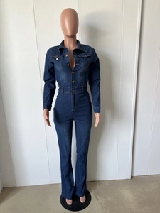 Detail of slim fit dark blue denim jumpsuit featuring classic collar and metal buttons