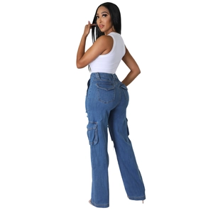 Women high waisted dark blue wide leg cargo jeans with large side flap pockets