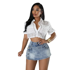Women Fashion Sexy White Fringe Short Sleeve Top And Washed Light Blue Denim Shorts Two Piece Apparel For Summer Clubwear