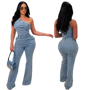 Tuta in Denim Monospalla Sexy da Donna Pantaloni a Zampa Misto Cotone Lavato Vestibilità Aderente Pagliaccetto Senza Maniche Streetwear
