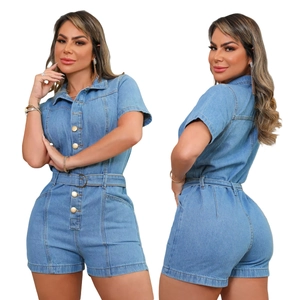 Front and back view of a light blue short sleeve denim romper with belt on white background