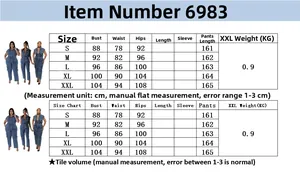 Size chart for women's denim jumpsuit including bust, waist, and hip measurements