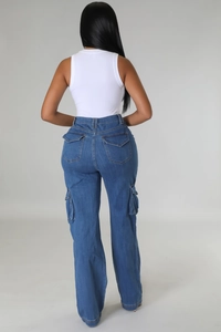 Detailed back view of high waist wide leg blue cargo jeans with functional flap pockets