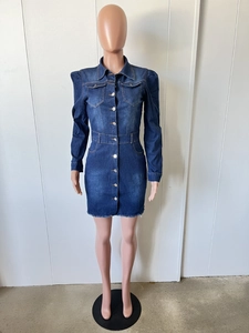 Detail of dark blue denim dress featuring metal buttons and frayed hemline finish