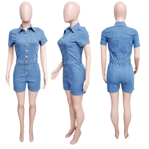 Detailed views of blue denim short sleeve romper with collar, buttons, and matching belt