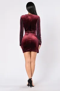 Détail de la robe en velours bordeaux avec ornements en strass et fermeture éclair