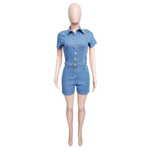 Detailed view of women's short sleeve denim romper with belt and button closure