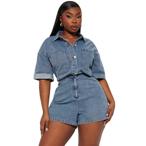 Women's classic blue denim two-piece set with short sleeve shirt and high waist shorts