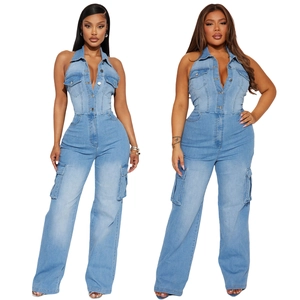 Women Sexy Halter Denim Jumpsuit Light Blue Slim Fit Cargo Pocket Backless Sleeveless Wide Leg One Piece Romper Pants
