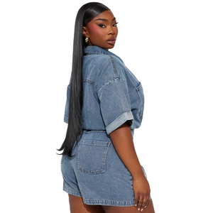 Short sleeve washed denim romper for women featuring lapel collar and casual loose fit