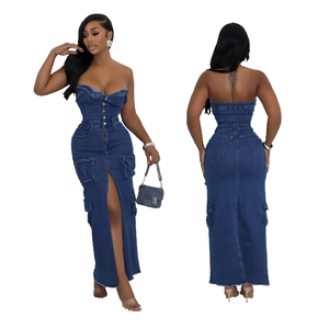 Women Strapless Denim Maxi Dress Slim Fit Cargo Multi Pocket Front Split Bodycon Autumn Streetwear Long Jeans Dress