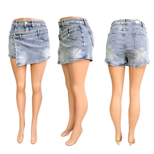 Detail of light blue denim mini skirt featuring asymmetric button fly and five pockets