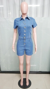 Close-up of slim fit dark blue denim romper with button-down front and belt detail