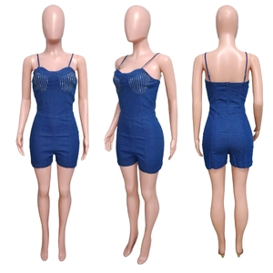 Detailed views of slim fit denim romper with silver rhinestones and thin shoulder straps