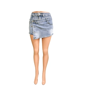 Detail of light blue denim mini skirt with asymmetric waist design and metal buttons