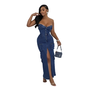 Dark blue strapless denim cargo maxi dress with front buttons and side slit detail