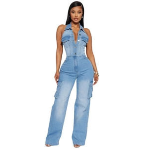 Slim fit light blue denim jumpsuit with halter neck and wide leg design for women