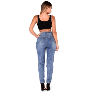 Women's high waisted straight denim jeans in classic blue wash with back pockets