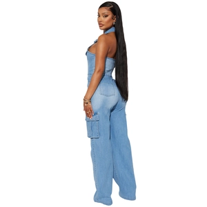 Women's light blue denim jumpsuit featuring a halter neck and backless design for summer