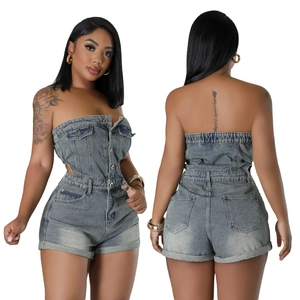 Slim fit strapless denim romper with front buttons and cuffed hem in washed blue color